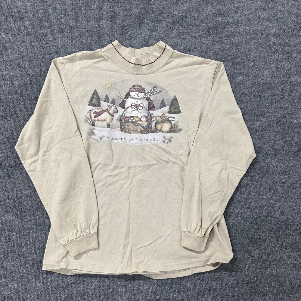 Cotton Deluxe Shirt Womens Size M Beige Winter Snowman Graphic Mock Neck Casual